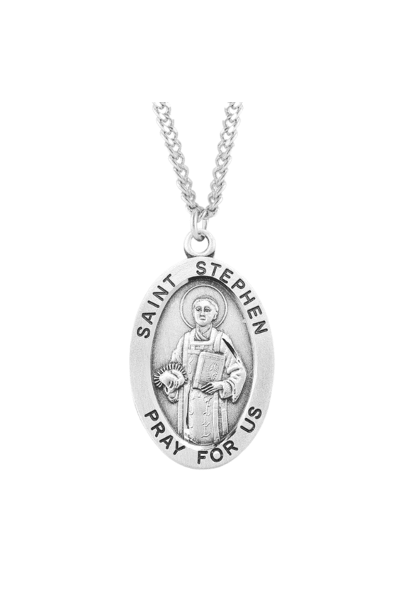 Sterling Silver Patron Saint St.Stephen Medal Pendant Necklace in 24" Endless Rhodium Plated Stainless Steel Chain -Deluxe Velvet Gift Box - Made in USA
