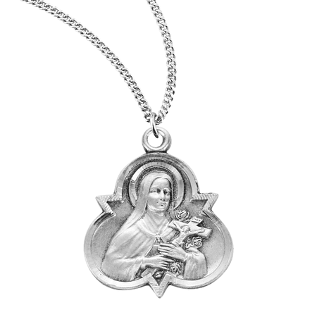 Sterling Silver Patron Saint St Therese of Lisieux Trinity Medal, 0.8" x 0.7", 18" Rhodium Plated Stainless Steel Chain Necklace, Made in USA - Deluxe Velvet Gift Box