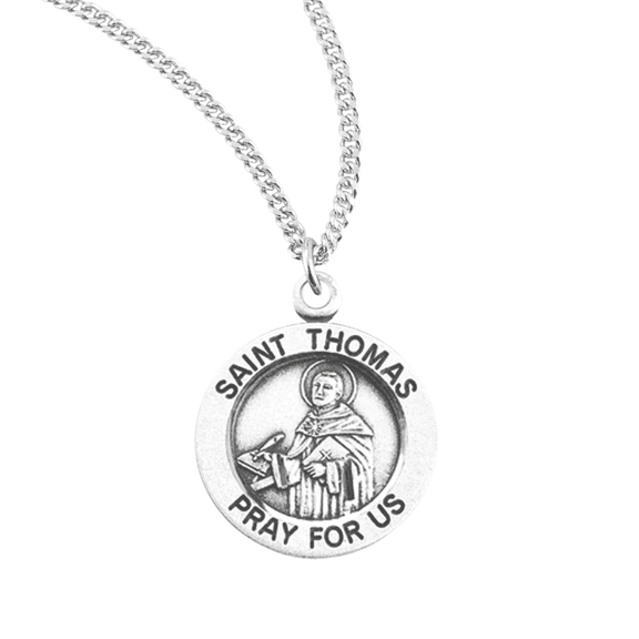 Sterling Silver Patron Saint St.Thomas Medal Pendant Necklace in 18 Inch Rhodium Plated Stainless Steel Chain, Deluxe Velvet Gift Box - Made in USA