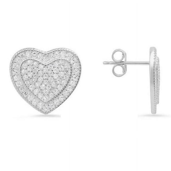 Sterling Silver Pave Cubic Zirconia Heart Stud Earrings