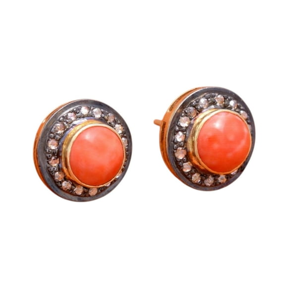 Sterling Silver Pave Diamond Coral Stud Earrings, Minimalist Studs, Gift ForWife