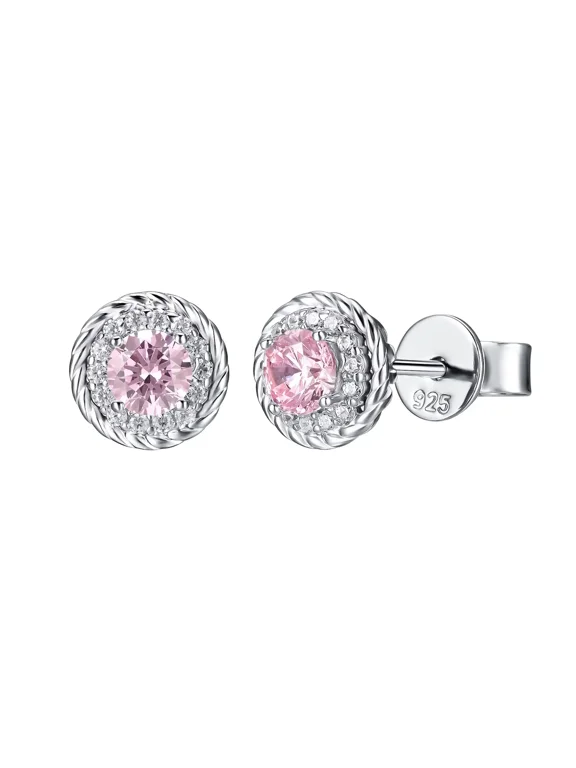 Sterling Silver Pave Halo Stud Earring-Pink