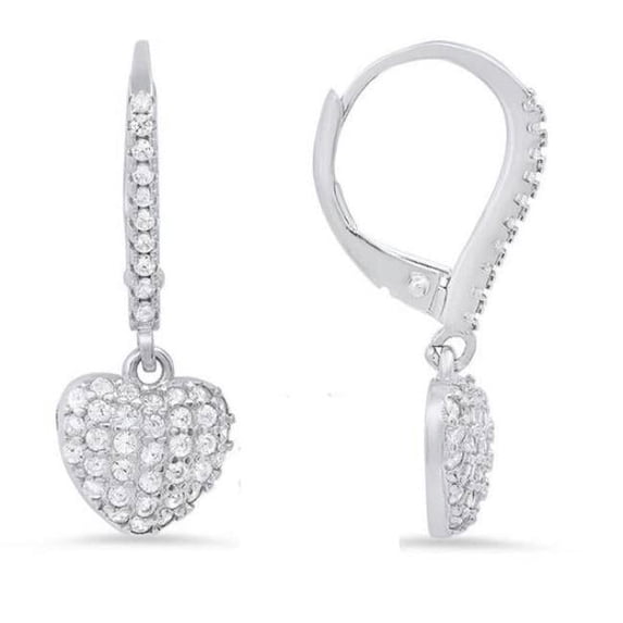 Sterling Silver Pave Heart Cubic Zirconia Dangle Leverback Earrings
