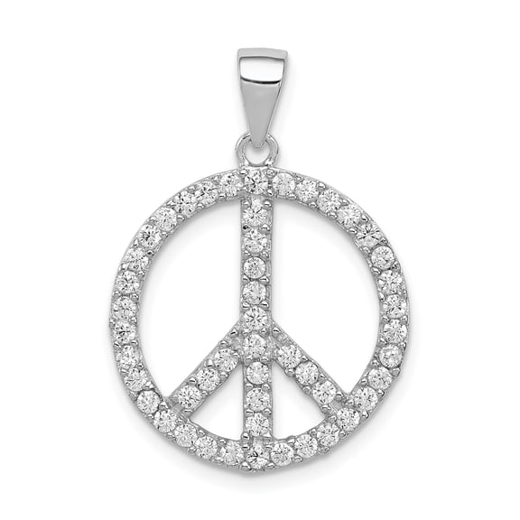 Sterling Silver Peace Sign Pendant Necklace for Women, Round Open-Frame Cubic Zirconia Boho Spiritual Symbol of Unity and Love, Fashion Jewelry Charm