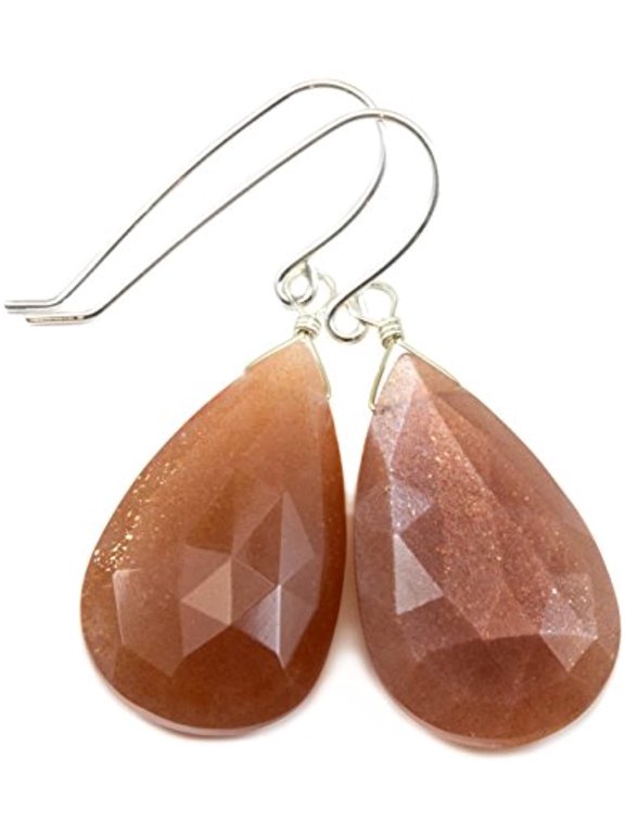 Sterling Silver Peach Moonstone Earrings Large Long Faceted Cut Teardrops Soft Shimmery Drops Designed for Adult Women