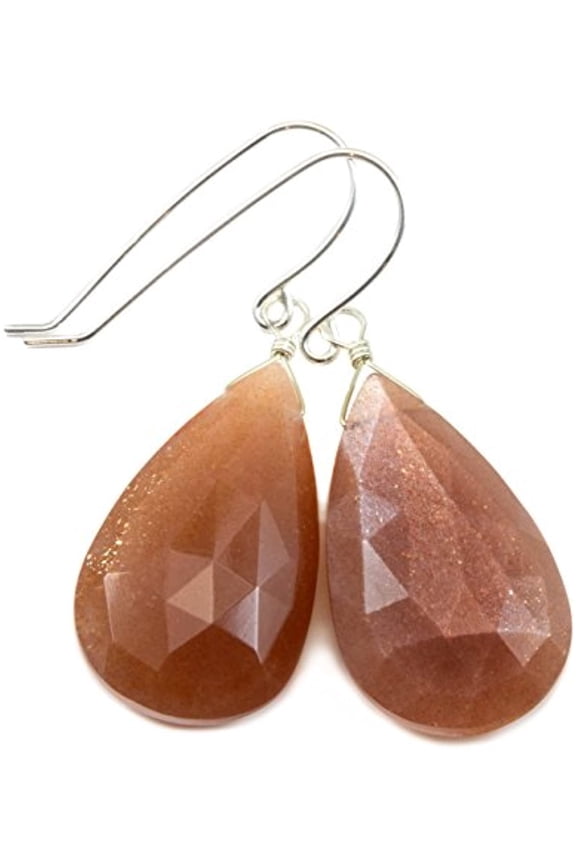 Sterling Silver Peach Moonstone Earrings Large Long Faceted Cut Teardrops Soft Shimmery Drops Designed for Adult Women