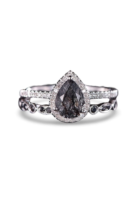 Sterling Silver Pear Cut Black Rutilated Quartz Gemstone Ring For Women