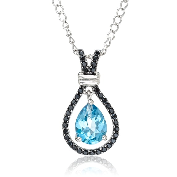 Sterling Silver Pear Cut Swiss Blue Topaz & White Topaz Halo Pendant w/ 18" Chain