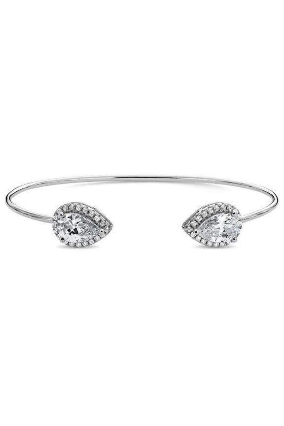 Sterling Silver Pear Shaped White Cubic Zirconia Halo Cuff Bangle