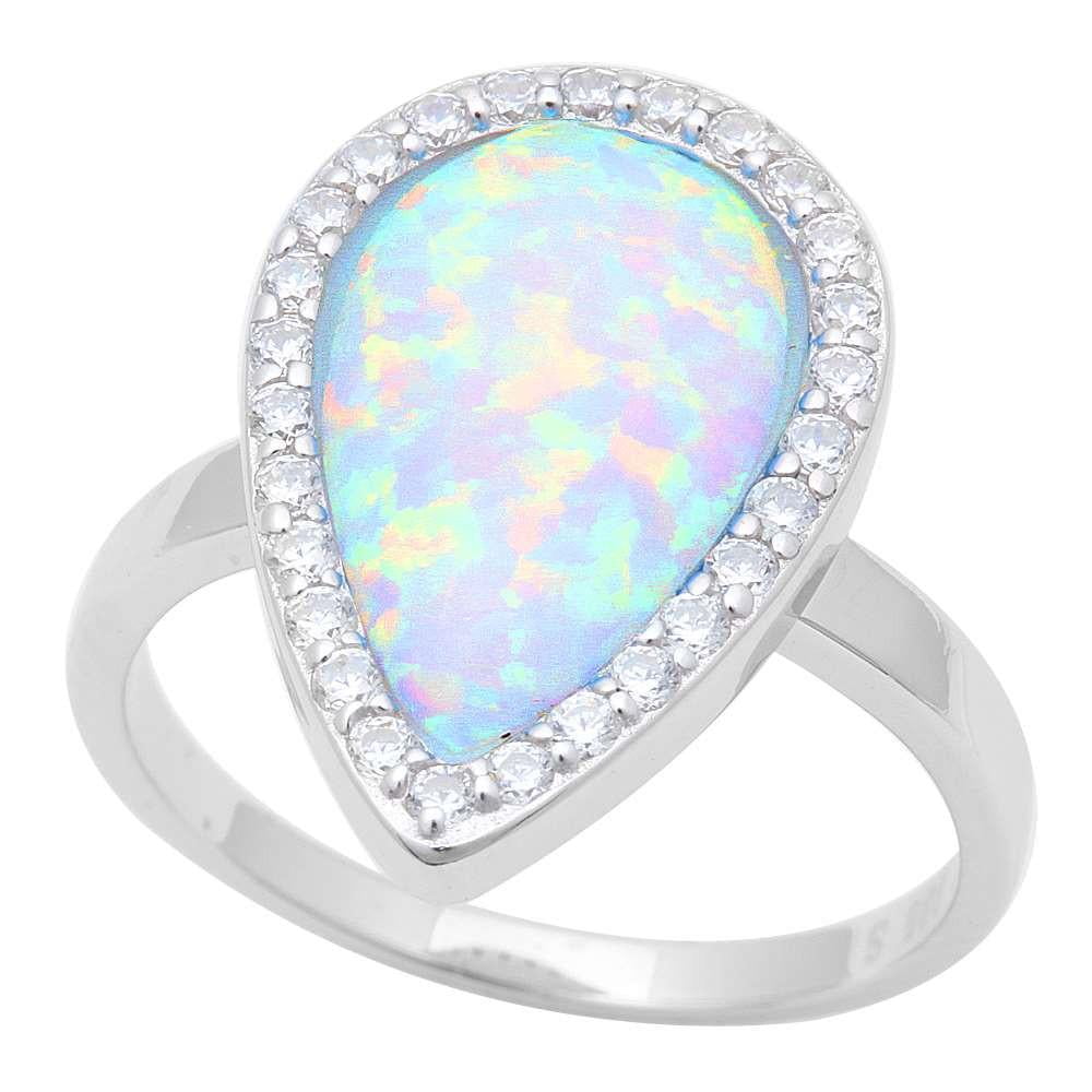 Sterling Silver Pear White Synthetic Opal Clear CZ Classic Ring