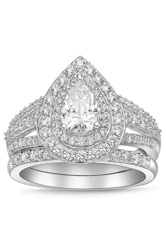 Sterling Silver Pear shape with Double Halo Simulated Diamond Bridal Set Rings