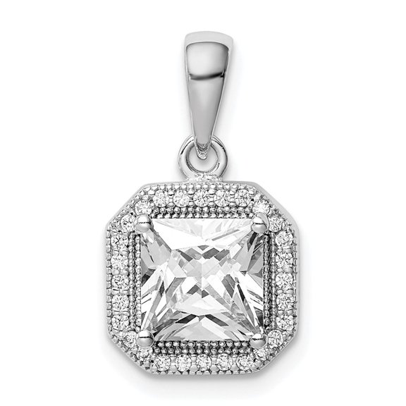 Sterling Silver Pendant Necklace for Women with Square Cubic Zirconia Center, Double Halo Design, Elegant Formal Jewelry Charm, Modern Sparkling CZ Accessory