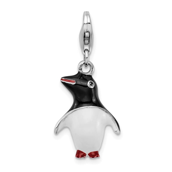 925 Sterling Silver Penguin Pendant Charm with Enamel and Lobster Clasp, 1 Piece