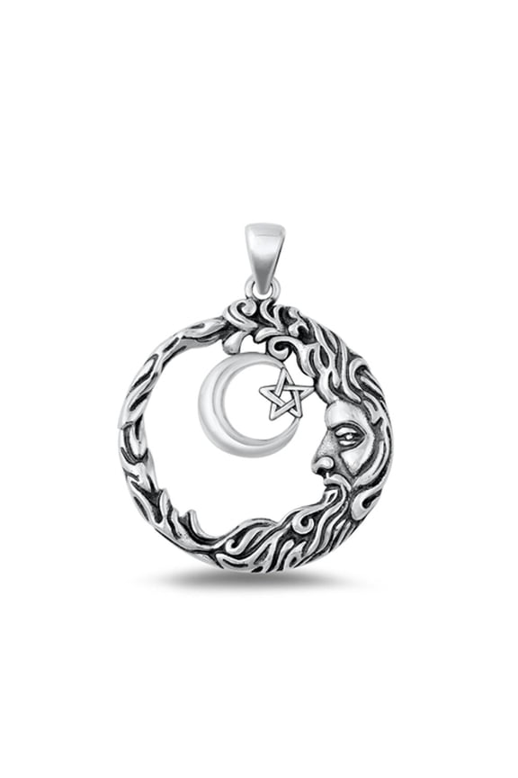 Sterling Silver Pentagram Moon Pendant Oxidized Wicca Charm .925 New Jewelry Female Unisex