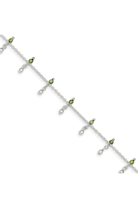 Sterling Silver Peridot Bead Ankle Bracelet - 9 Inch - Spring Ring - Measures 1mm Wide