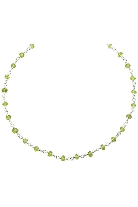 Sterling Silver Peridot Necklace Green Gemstone Faceted Beaded Silvertone Wire Chain 18" Designed for Adult Women