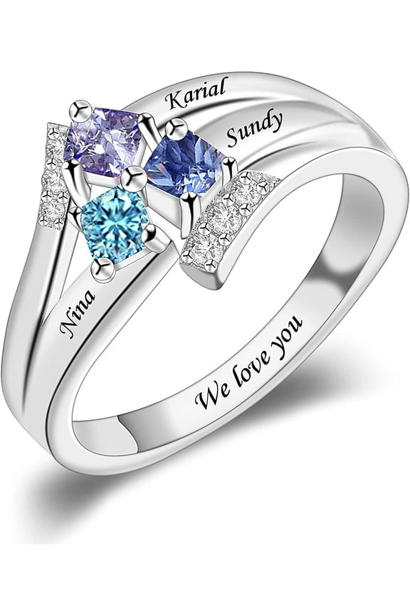 Sterling Silver Personalized Mothers Ring with 1/2/3/4/5/6/7/8/9 Simulated Birthstones for Mom Engraved Name Ring for Women Promise Rings for Her Custom Family Ring for Wife Grandmother J