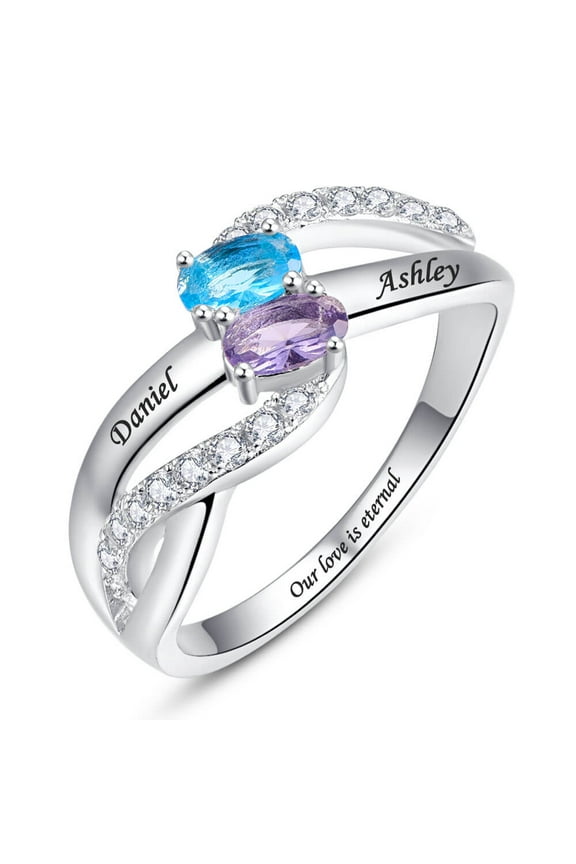 Sterling Silver Personalized Promise Ring Customised with 2 Birthstone 2 Engraved Names Friendship Rings