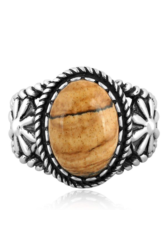 Sterling Silver Picture Jasper Concha Flower Design Ring, Sizes 5 to 10