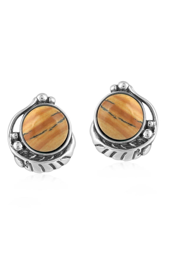 Sterling Silver Picture Jasper Gemstone Leaf Design Button Earrings