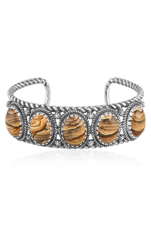 Sterling Silver Picture Jasper Rope Design 5-Stone Cuff Bracelet, Sizes Small to Large
