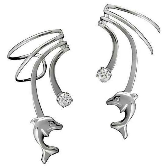 Sterling Silver Pierceless Left And Right Small Dolphin With Cubic Zirconia Ear Cuff Wrap