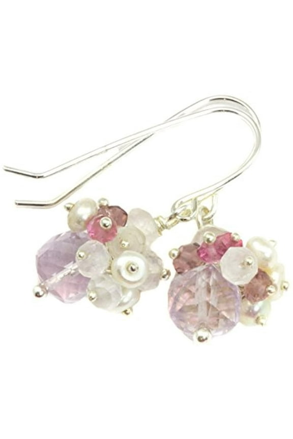 Sterling Silver Pink Amethyst Earrings Cluster Cultured Freshwater Small Pearls Silvertone Accents Stones Dangles Designed for Adult Women