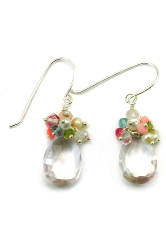 Sterling Silver Pink Amethyst Earrings Cluster Style Small Colorful Stones Silvertone Wired Accents for Adult Women