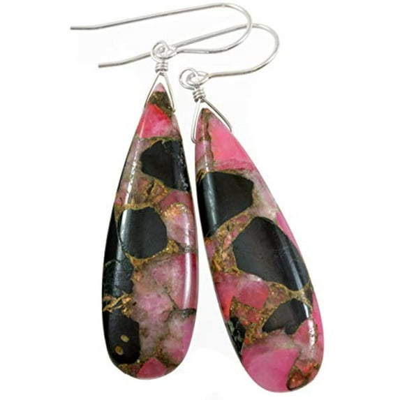 Sterling Silver Pink Coppery Mosaic Obsidian Earrings Smooth Long Teardrops Free Hanging Dangles Simple 2.3 Inch Drops Designed for Adult Women