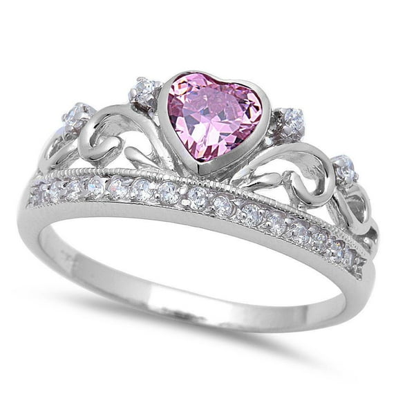 Sterling Silver Pink & Cubic Zirconia Heart Filigree Crown Ring Size 4