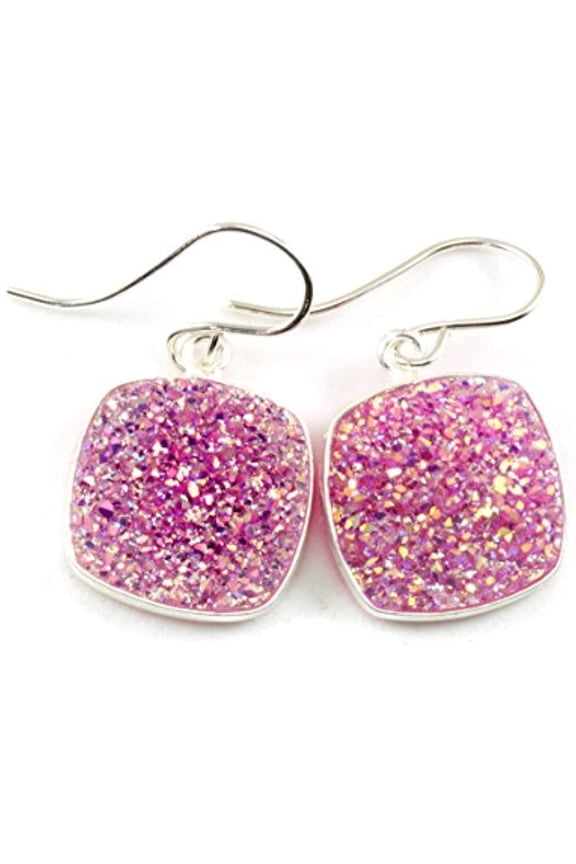 Sterling Silver Pink Drusy Earrings Square Cut Druzy Dangle Drops Silvertone Bezel Setting Designed for Adult Women