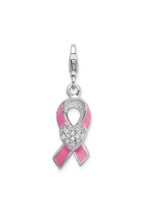 Sterling Silver Pink Enamel Ribbon Charm with Crystal Heart Center for Women, Breast Cancer Awareness Pendant for Necklace or Bracelet, Lobster Clasp Jewelry Symbol of Strength
