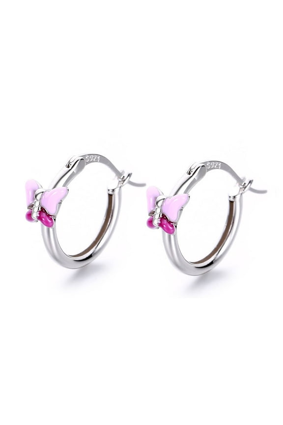 Sterling Silver Pink Lab Opal Butterfly Huggie Hoop Earrings