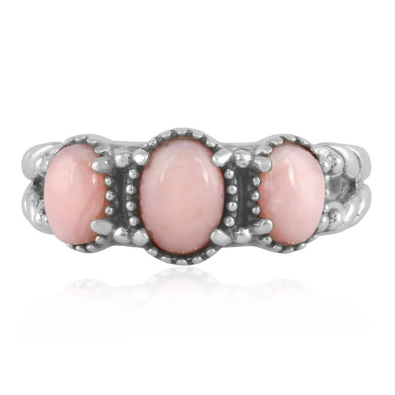 Sterling Silver Pink Opal Gemstone 3-Stone Friendship Ring, Sizes 5 to 10