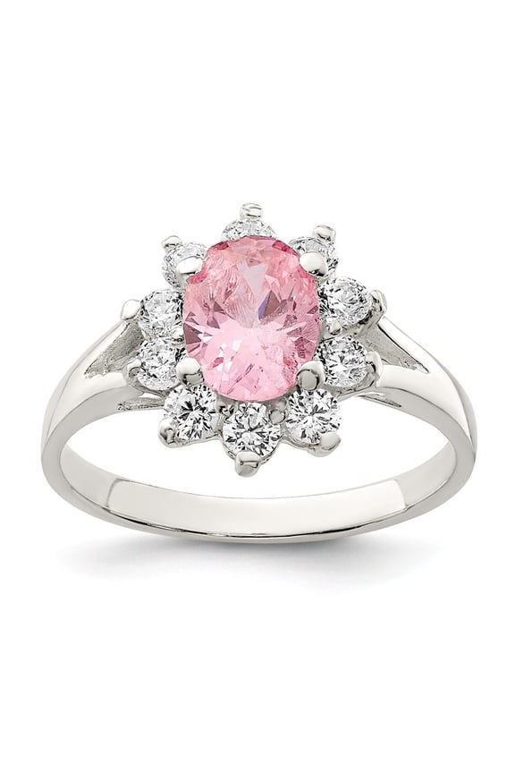 Sterling Silver Pink Oval Cubic Zirconia Cluster Ring - Size 7 - Measures 2mm Wide