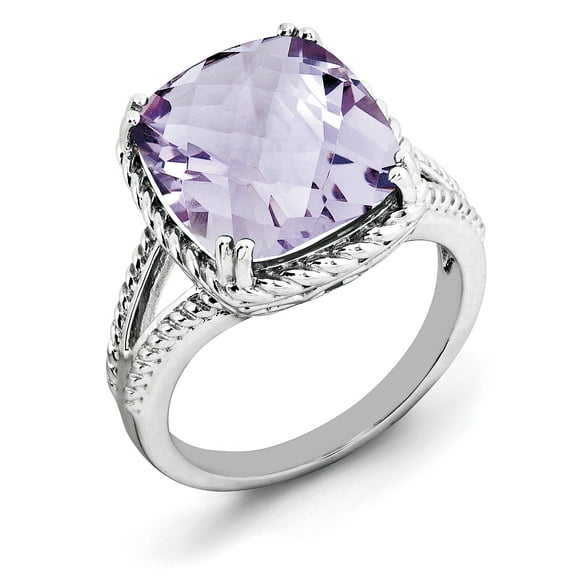Sterling Silver Rhodium Checker-Cut Pink Quartz Ring QR3194PQ