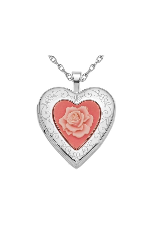 Sterling Silver Pink Resin Rose Cameo Heart Locket Pendant Necklace with Chain for Women