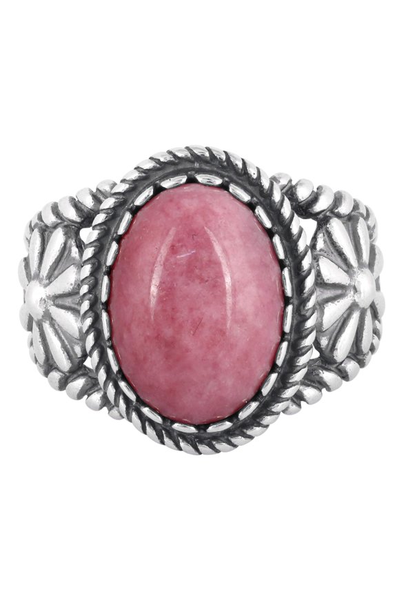 Sterling Silver Pink Rhodonite Gemstone Concha Flower Design Ring, Size 5 - 10
