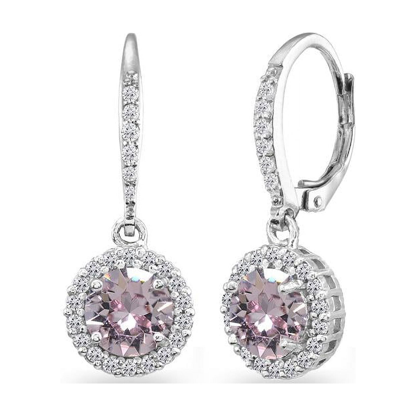 Sterling Silver Pink Round Halo Dangle Leverback Earrings Made with Swarovski Crystals