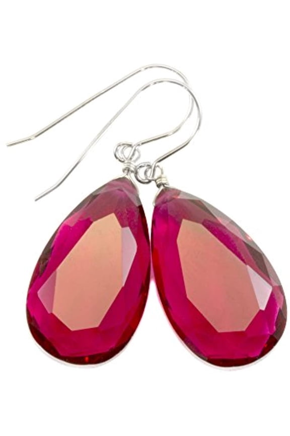 Sterling Silver Pink Simulated Sapphire Earrings Faceted Large Pear Teardrops Simple Briolette Dangle Drops Designed for Adult Women