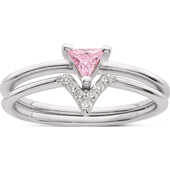 Sterling Silver Pink Trillion Cz And White Ring Set (Size 6) Made In India qr7288-6