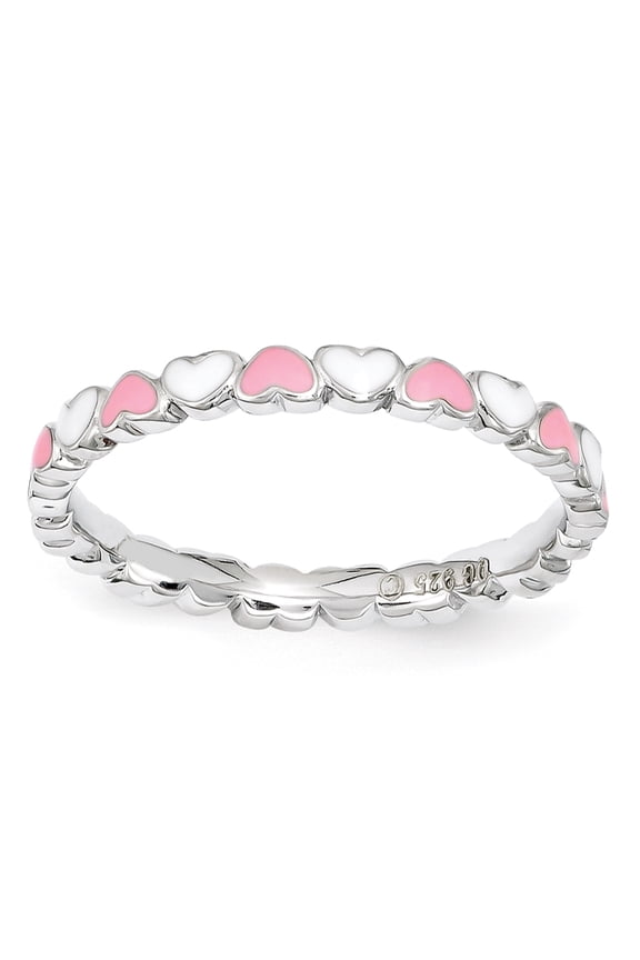 Sterling Silver Pink & White Enamel Heart Ring