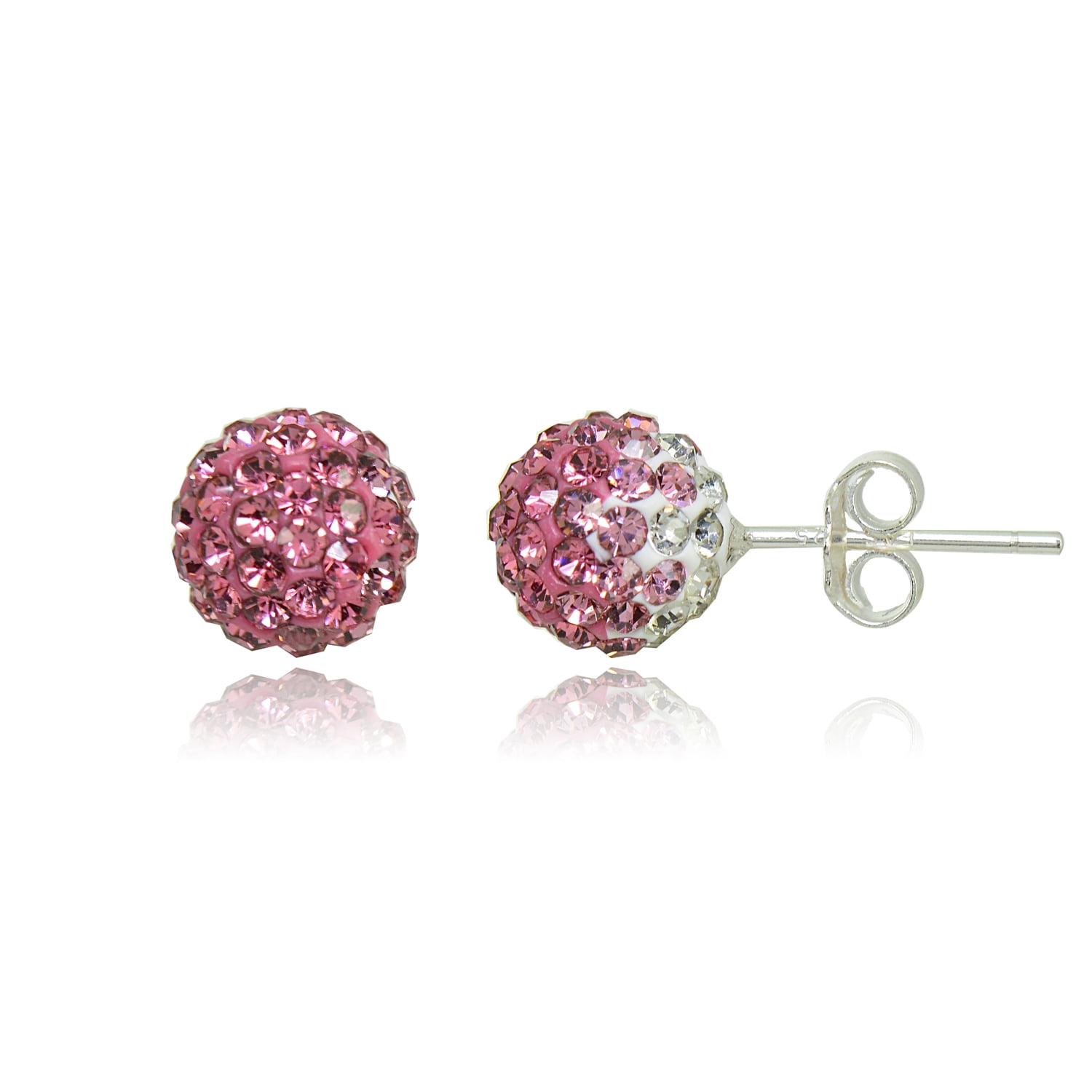 Sterling Silver Pink and White Tonal Crystal Fireball Stud Earrings, 8mm