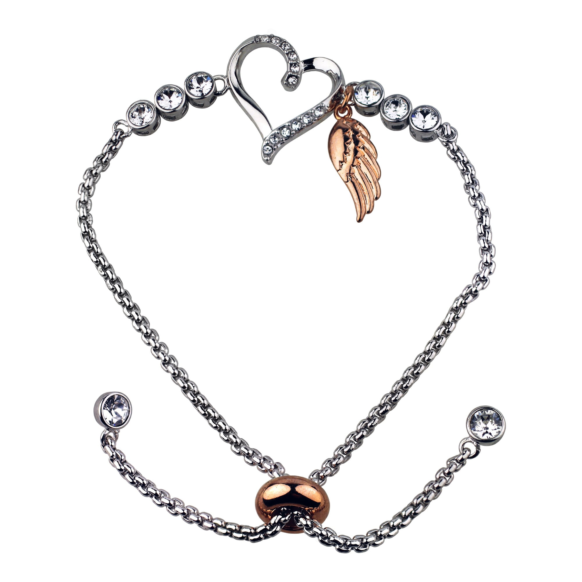 Sterling Silver Plate Open Heart/Wing/Clear Crystal Adjustable Bracelet W/ Clear Crystal End