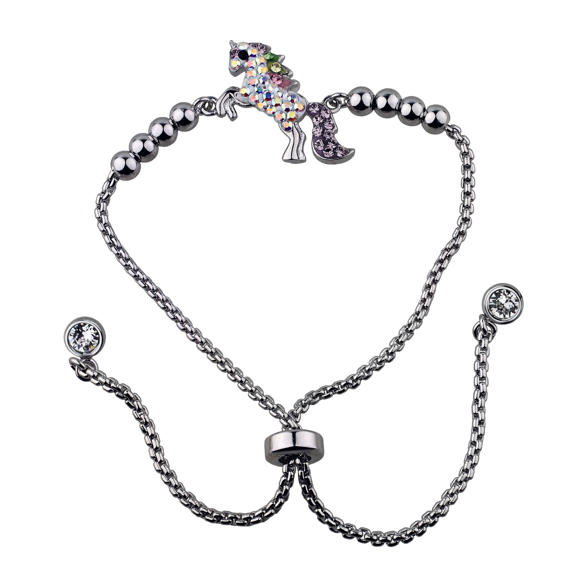Sterling Silver Plate Unicorn Beads Adjustable Bracelet W/ Clear Crystal End
