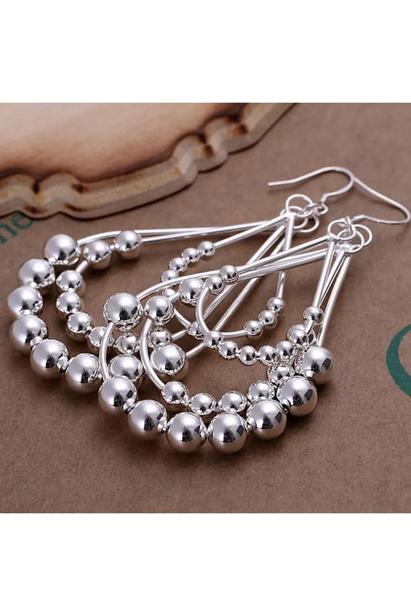 Sterling Silver Plated Chandelier Beads Bali Hoop Pierced Earrings L154