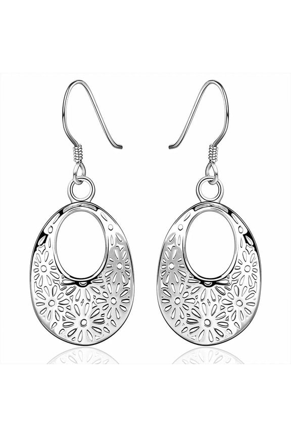 Sterling Silver Plated Oval Drop Dangle Earrings Fish Hook Clasp Floral Ear-Wire L693