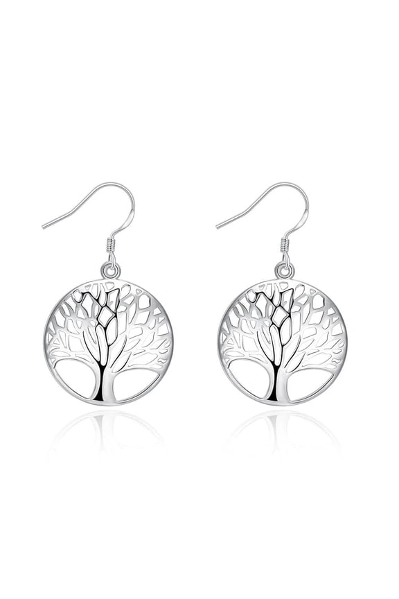 Sterling Silver Plated Earrings Drop Dangle Fish Hook Tree Of Life .96" L407