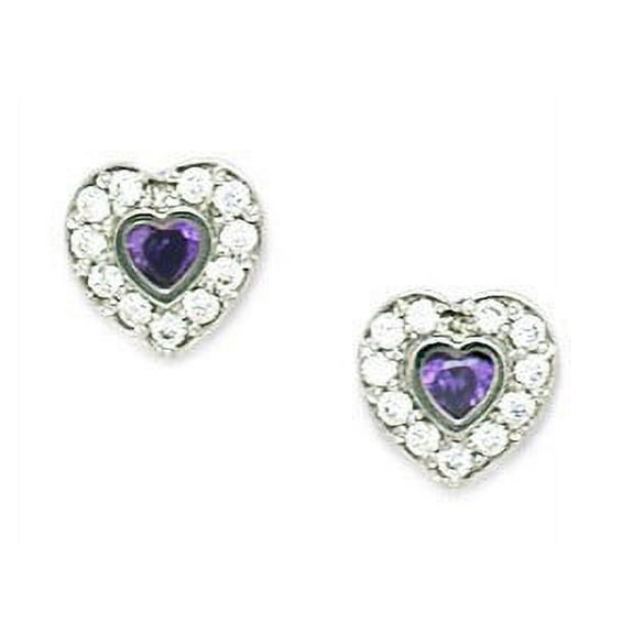 Sterling Silver Plated February Purple 3x3mm CZ Heart Screw-Back Earrings - Measures 8x8mm