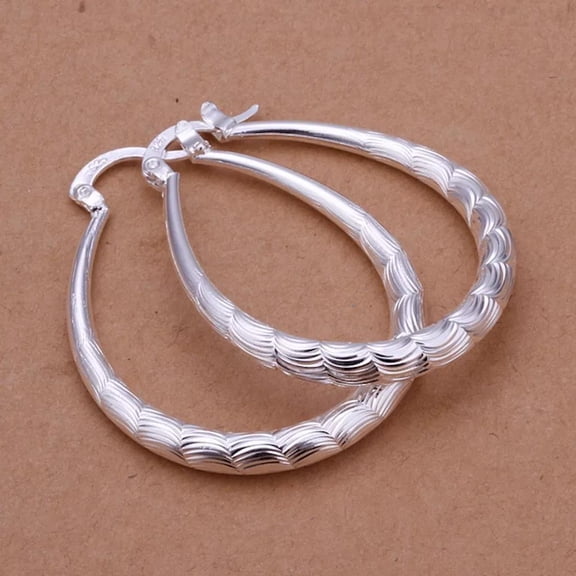 Sterling Silver Plated Hoop Pierced Hinged Earrings Textured Polished With Textured Surfaces L4